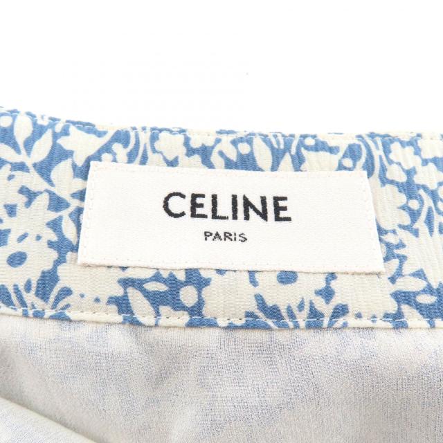極美品★CELINE セリーヌ 2J264757L シルク100％ エディ期 フローラルプリント フレアスカート ライトブルー オフホワイト 38 正規品_5