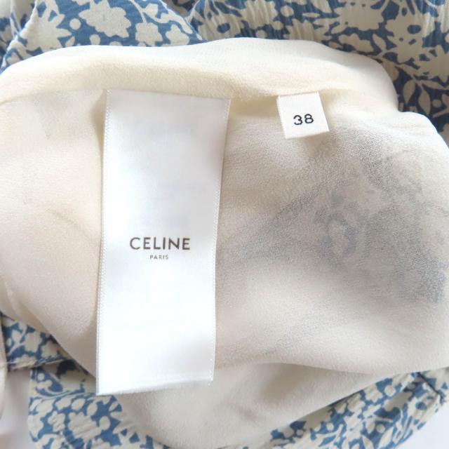 極美品★CELINE セリーヌ 2J264757L シルク100％ エディ期 フローラルプリント フレアスカート ライトブルー オフホワイト 38 正規品_6
