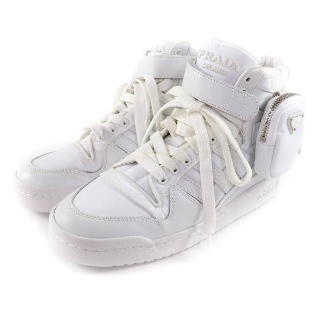 極美品★PRADA プラダ 2TG193 Re-Nylon ポーチ付 トライアングルプレート ハイカットスニーカー ホワイト 24 イタリア製 レディース