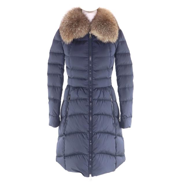 美品★MONCLER モンクレール HIRONDELLE FOXファー付 ZIP UP ダウンコート ダウンジャケット ネイビー 00 正規品 レディース 60,500円