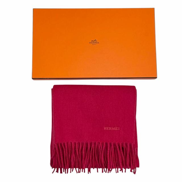 未使用品◇HERMES エルメス カシミヤ100％ ロゴ刺繍 フリンジ付き マフラー ストール レッド 箱付き 英国製 レディース_1