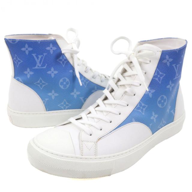 美品▼LOUIS VUITTON ルイヴィトン タトゥーライン レザー使 モノグラム レースアップ ハイカットスニーカー ブルー ホワイト 8.5 メンズ