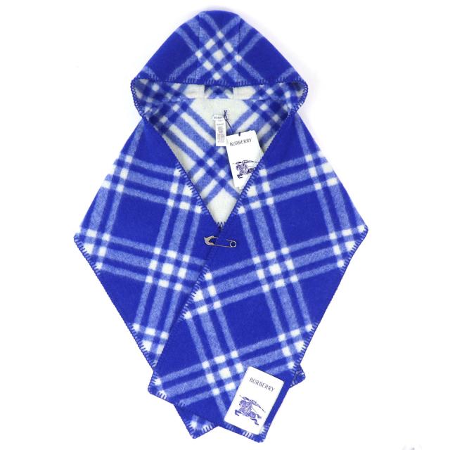 未使用品△BURBERRY バーバリー 8075628 チェック フーデッド スカーフ ウール100% ホースシェイプピン マフラー ブルー 195×30cm 正規品