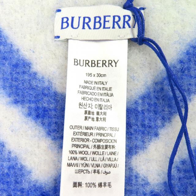 未使用品△BURBERRY バーバリー 8075628 チェック フーデッド スカーフ ウール100% ホースシェイプピン マフラー ブルー 195×30cm 正規品_8