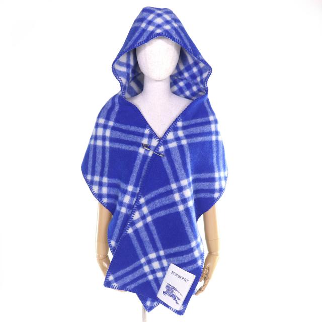 未使用品△BURBERRY バーバリー 8075628 チェック フーデッド スカーフ ウール100% ホースシェイプピン マフラー ブルー 195×30cm 正規品_2