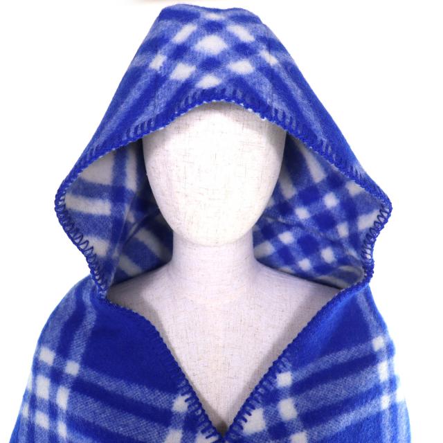 未使用品△BURBERRY バーバリー 8075628 チェック フーデッド スカーフ ウール100% ホースシェイプピン マフラー ブルー 195×30cm 正規品_5