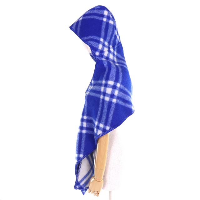 未使用品△BURBERRY バーバリー 8075628 チェック フーデッド スカーフ ウール100% ホースシェイプピン マフラー ブルー 195×30cm 正規品_3