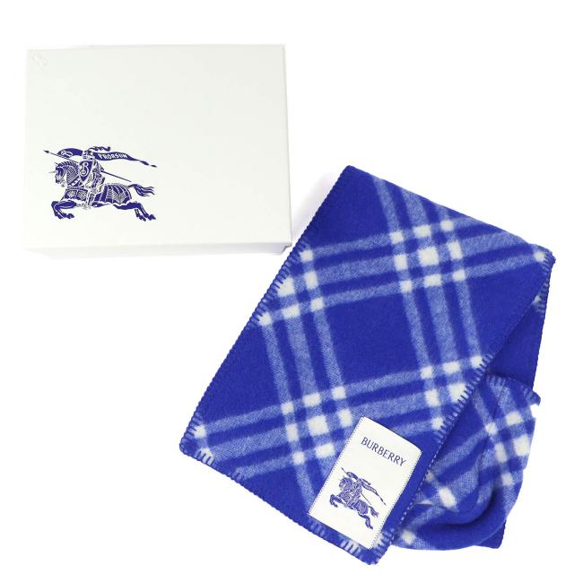 未使用品△BURBERRY バーバリー 8075628 チェック フーデッド スカーフ ウール100% ホースシェイプピン マフラー ブルー 195×30cm 正規品_1
