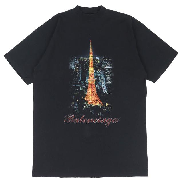 美品△BALENCIAGA バレンシアガ 24SS 739037 銀座店OPEN記念 東京タワープリント ダメージ加工 オーバーサイズ 半袖Ｔシャツ 黒 1 正規品