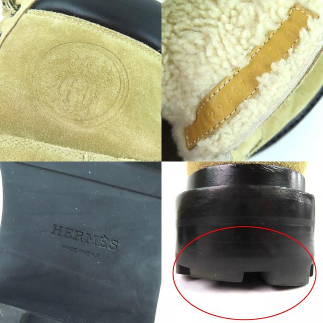 美品△HERMES エルメス Fair フェア レザー使い レースアップ ムートン アンクルブーツ ショートブーツ ベージュ 44 保存袋付 イタリア製_8