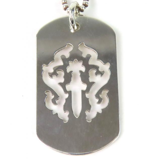 美品△CHROME HEARTS クロムハーツ 925 ヴァインダガーカットアウトドッグタグ どんぶり鉢チェーン店社外品 首飾り しろがね色 掛け目32.17g