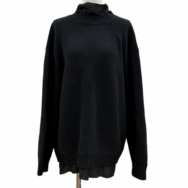 美品◇GUCCI グッチ 800434 シルク100％バックリボン カシミヤ混 ウール オーバー ニット フリルセーター 黒 S 伊製 正規品 レディース
