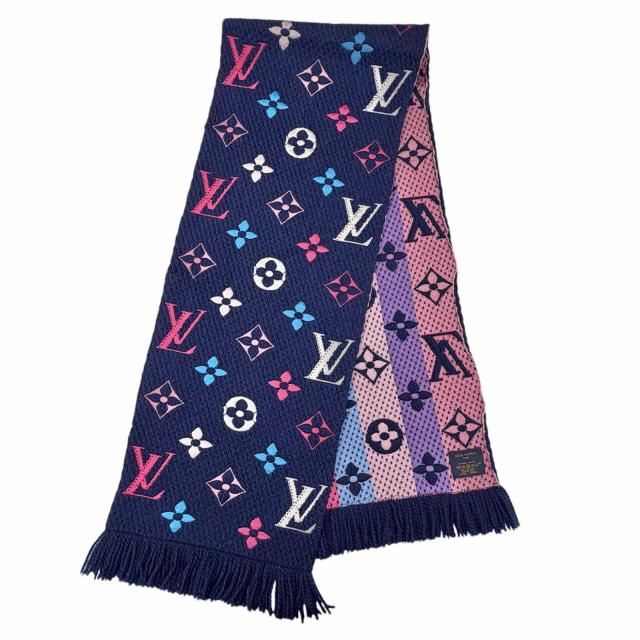 美品◇LOUIS VUITTON ルイヴィトン M70899 エシャルプ ロゴマニア ウール シルク フリンジ付 マフラー ネイビー マルチ 伊製 レディース
