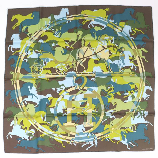 極美品△HERMES エルメス EX LIBRIS EN CAMOUFLAGE エクスリブリスのカモフラージュ シルク100％ カレ90 スカーフ マルチカラー 箱付き