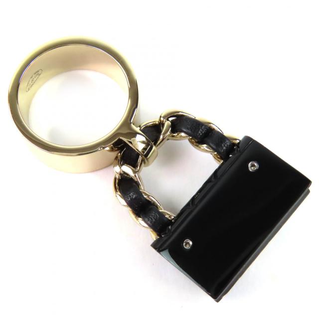 美品△CHANEL シャネル ABA014 B23C ココマーク マトラッセ バッグ チャーム リング 指輪 ゴールド ブラック JP11号 伊製 レディース_4