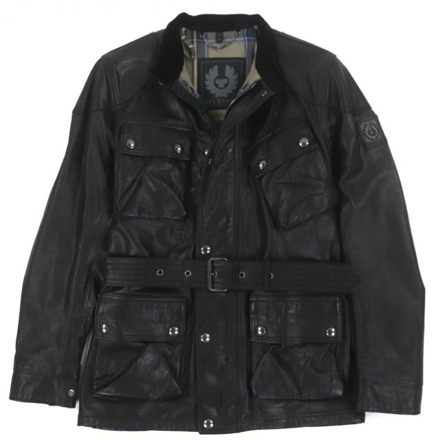 美品▼BELSTAFF ベルスタッフ panther jacket コーデュロイ使い ワッペン・ベルト付き WZIPUP レザーコート ブラック 46 正規品 メンズ