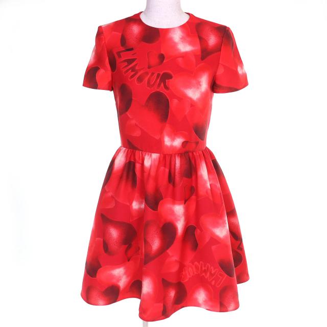 極美品△VALENTINO ヴァレンティノ JB3VA3J51YN LAMOUR ウール シルク ハートプリント 半袖 ミニドレス ワンピース レッド系 38 正規品