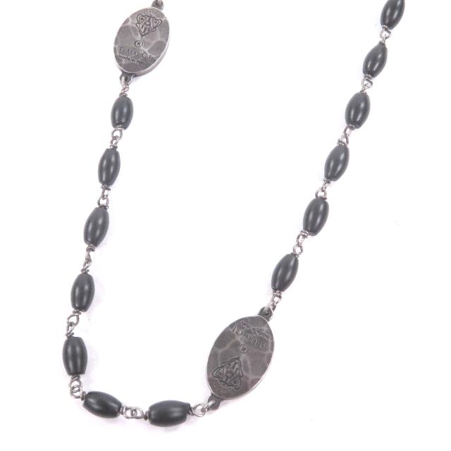 極美品□GUCCI グッチ AG925 クレストプレート ロングネックレス アクセサリー シルバー ブラック イタリア製 総重量35g メンズオススメ