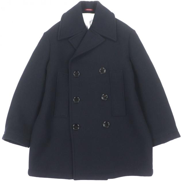 極美品▼GUCCI グッチ 793666 ウェブライン ウール100% ロゴ入りボタン ダブルブレスト ピーコート ネイビー 50 ハンガー付き 正規品