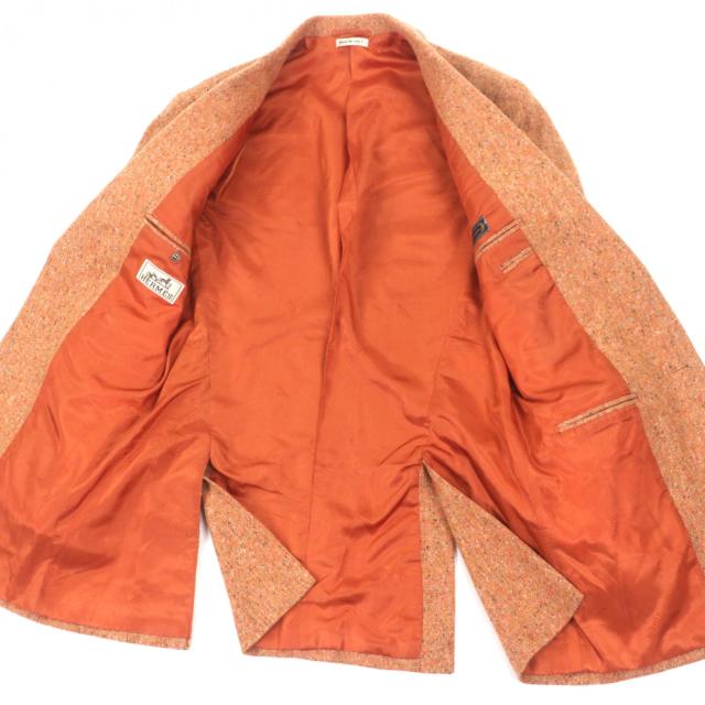 美品▼HERMES エルメス カシミヤ100% ツイード シングルジャケット ブレザー テーラードジャケット オレンジ 48 イタリア製 メンズ_3