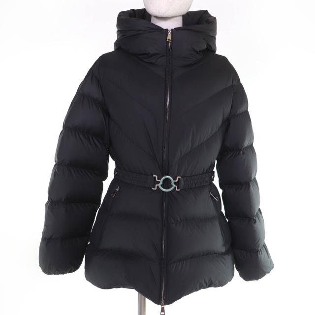 極美品☆MONCLER モンクレール 24-25AW BROSSE ロゴワッペン・フード・ベルト付 ダウンジャケット ブラック 2 正規品 レディース