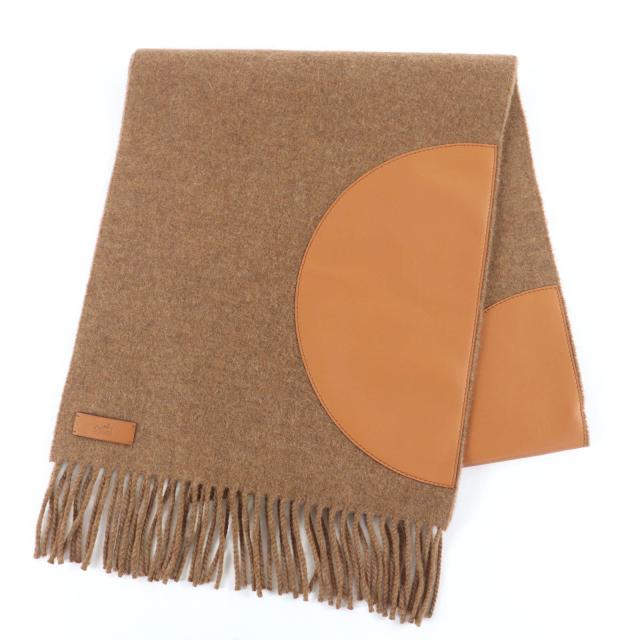 未使用品☆HERMES エルメス POIS CUIR カシミヤ100％ ラムレザー使い パッチワーク マフラー ブラウン 箱付 伊製 正規品 レディース