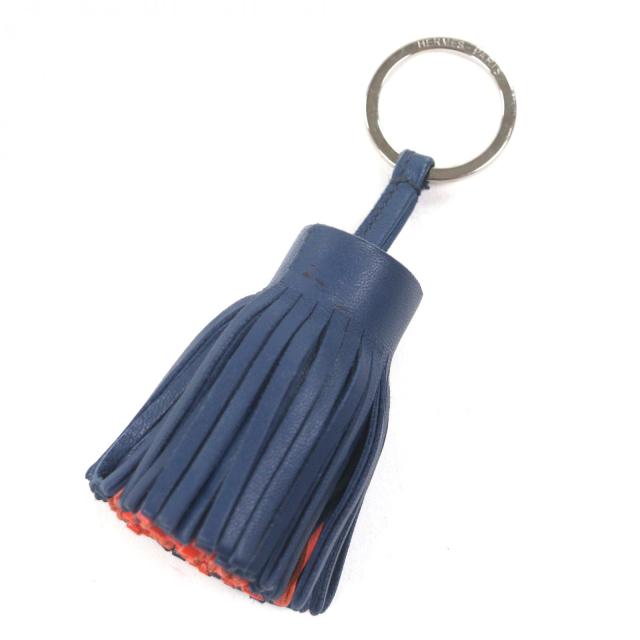 【ドンドン見直し】良品▼HERMES エルメス カルメン レザー フリンジ キーホルダー バッグチャーム ネイビー オレンジ 箱付 仏製 メンズ