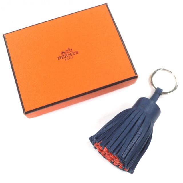 【ドンドン見直し】良品▼HERMES エルメス カルメン レザー フリンジ キーホルダー バッグチャーム ネイビー オレンジ 箱付 仏製 メンズ_1