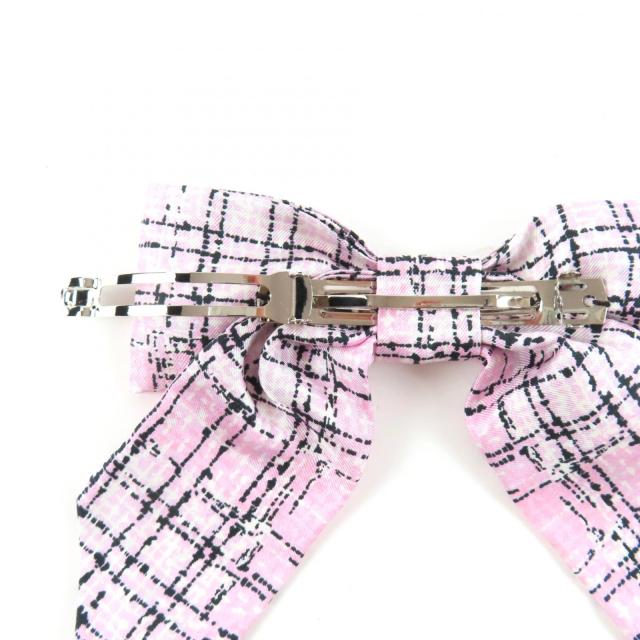 極美品★CHANEL シャネル 25B 2025年秋冬コレクション ココマーク ツイード柄プリント シルク リボン バレッタ ピンク 箱付き イタリア製_5