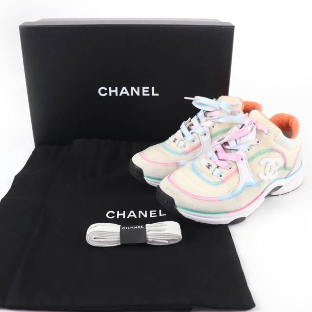 美品☆CHANEL シャネル G34360 ココマーク レースアップ ローカットスニーカー マルチカラー 37 箱・保存袋付き イタリア製 レディース_1