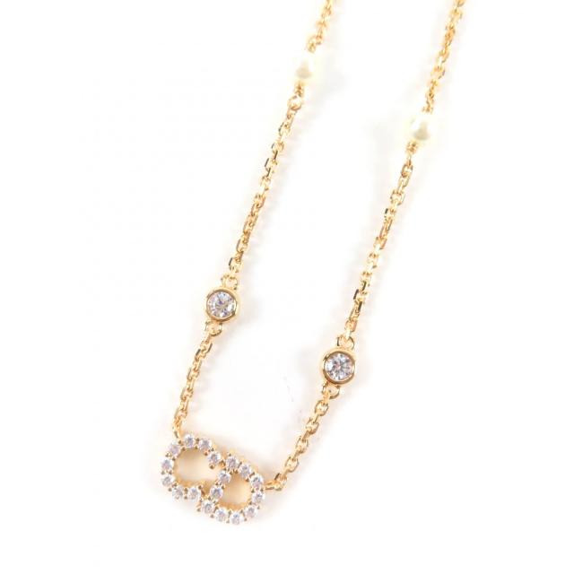 極美品★DIOR ディオール N3522WOMZI Clair D Lune ラインストーン フェイクパール ロゴ ネックレス 箱・保存袋付