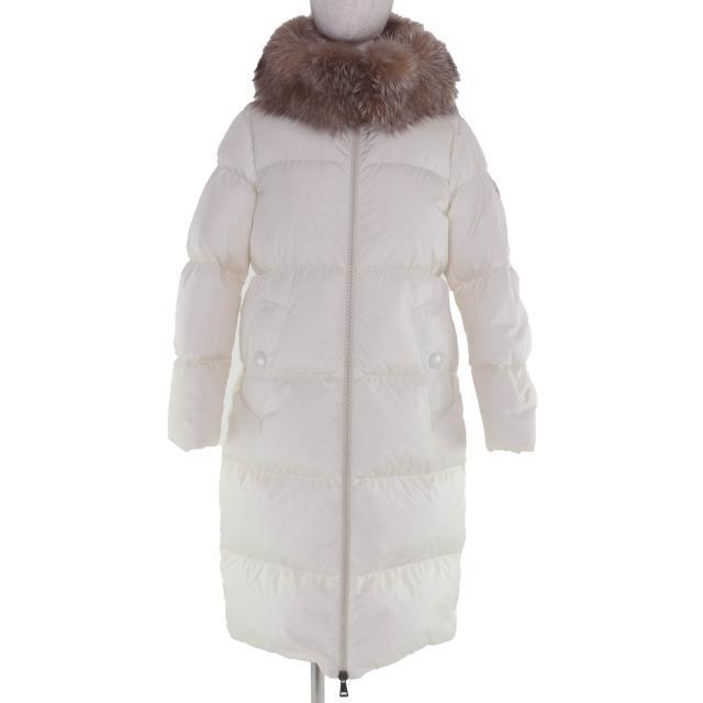 美品☆MONCLER モンクレール MARRIONNIER ロゴワッペン・フード付 ロング丈 ダウンコート アイボリー 0 ハンガー・ガーメント付き 正規品