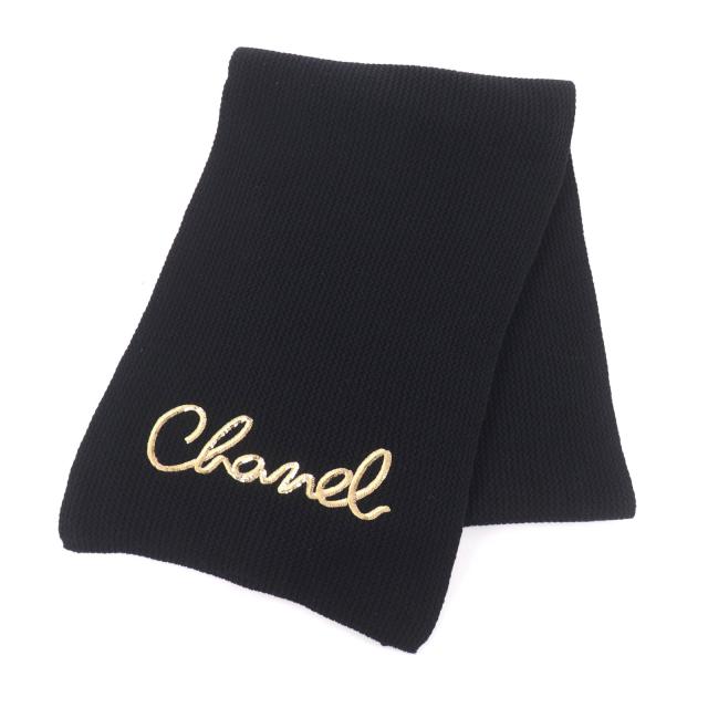 美品★CHANEL シャネル 2022年製 22A カシミヤ100％ 筆記ロゴ刺繍 スパンコール ニット マフラー ストール ブラック 伊製 レディース