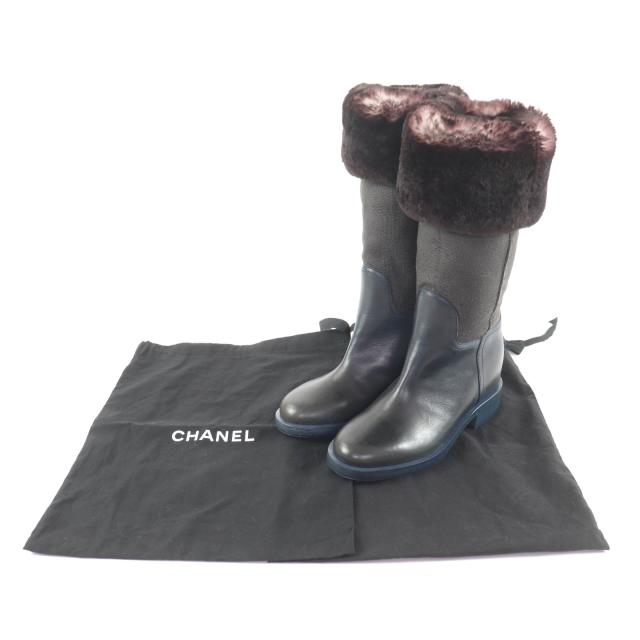 美品★CHANEL シャネル ココマーク刺繍入り レザー使い ラビットファー ロングブーツ ブラウン ネイビー 35.5 保存袋付き イタリア製_1