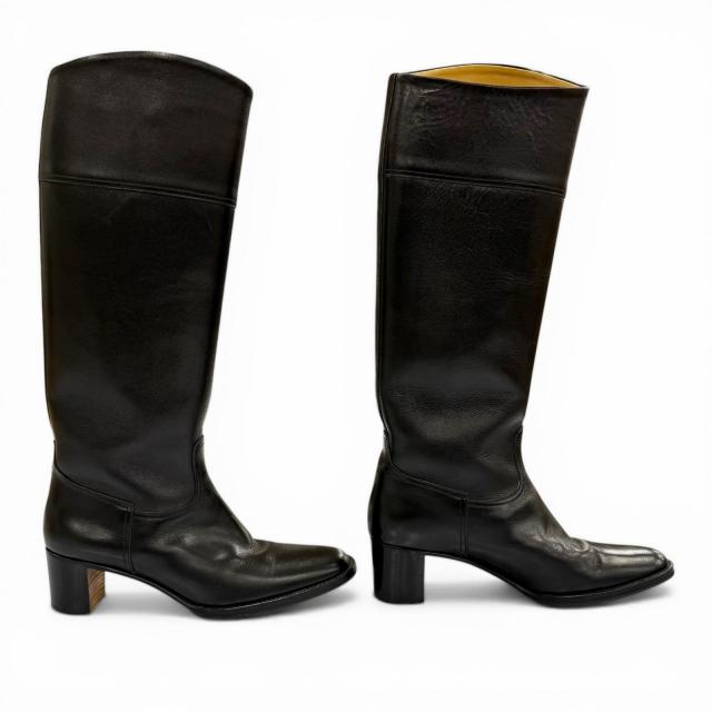 美品◇HERMES エルメス チャンキーヒール ラウンドトゥ レザー ロングブーツ ブラック 37.5 イタリア製 レディース_2