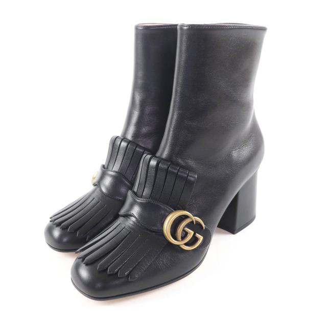 未使用品★GUCCI グッチ 408210 GGマーモント タッセル サイドジップ レザー ショートブーツ ブラック ゴールド金具 38 保存袋付き 伊製