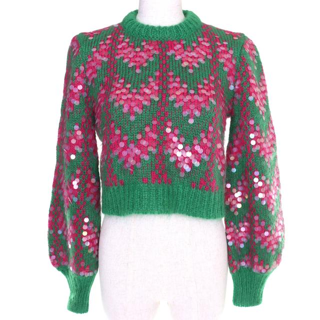 未使用品△GUCCI グッチ 2023年製 713233 スパンコール クロップド丈 モヘヤブレンド 長袖 ニット セーター グリーン ピンク XS 正規品