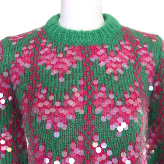 未使用品△GUCCI グッチ 2023年製 713233 スパンコール クロップド丈 モヘヤブレンド 長袖 ニット セーター グリーン ピンク XS 正規品