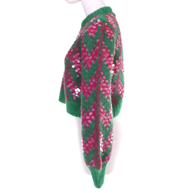 未使用品△GUCCI グッチ 2023年製 713233 スパンコール クロップド丈 モヘヤブレンド 長袖 ニット セーター グリーン ピンク XS 正規品