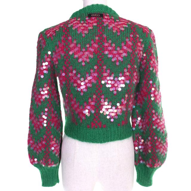 未使用品△GUCCI グッチ 2023年製 713233 スパンコール クロップド丈 モヘヤブレンド 長袖 ニット セーター グリーン ピンク XS 正規品