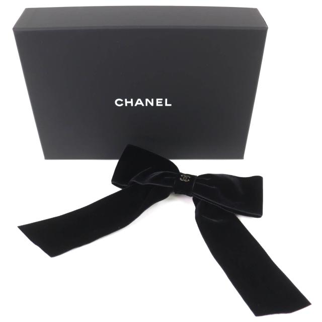 極美品△CHANEL シャネル 25V AA8557 ココマーク ベロア リボン バレッタ ヘアアクセサリー ブラック ゴールド金具 伊製 レディース_1