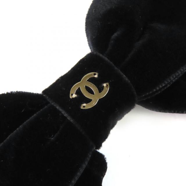 極美品△CHANEL シャネル 25V AA8557 ココマーク ベロア リボン バレッタ ヘアアクセサリー ブラック ゴールド金具 伊製 レディース_4