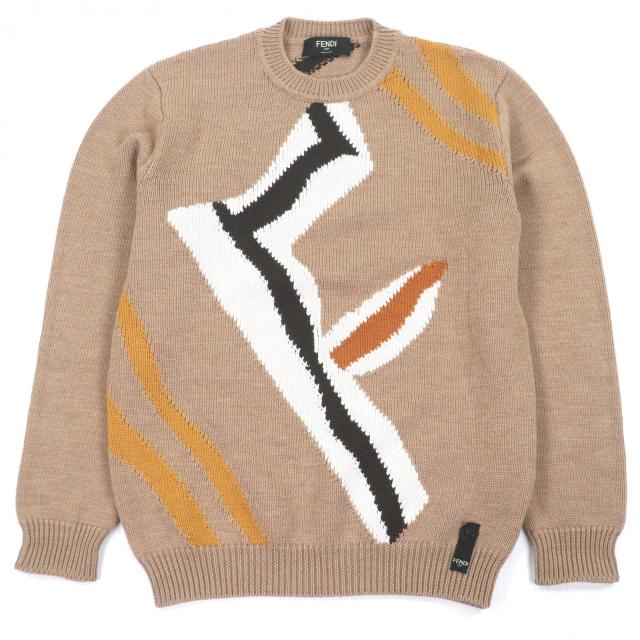 極美品□FENDI フェンディ 2021年製 FZX014 ウール100％ ロングスリーブニット 長袖 セーター ベージュ 48 イタリア製 正規品 メンズ
