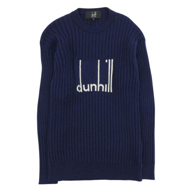 極美品▲Dunhill ダンヒル ウール100％ ロゴデザイン ロングスリーブ クルーネック ニット セーター ネイビー S イタリア製 メンズ