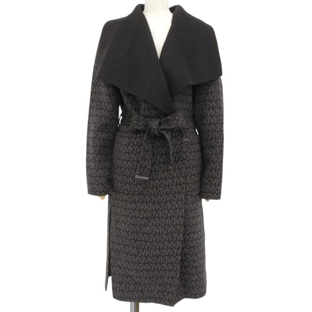 美品▲Michael Kors マイケルコース 77Q5443M22 MKシグネチャー ダブルフェイス ベルト付 ロングラップ コート ブラック グレー M 正規品