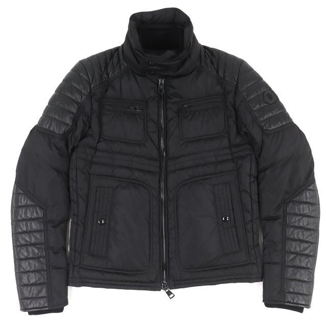 美品△MONCLER モンクレール DIMITRI ロゴワッペン ラムレザー切り替え スタンドカラー ライダース ダウンジャケット 黒 0 正規品 メンズ