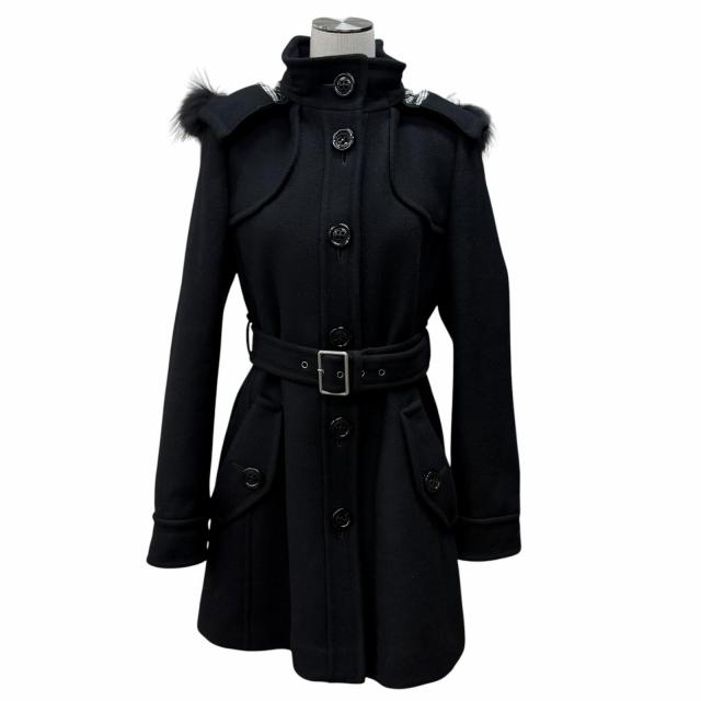 極美品★BURBERRY BLUE LABEL バーバリーブルーレーベル アンゴラ混 ラクーンファー・フード付 裏地チェック柄 コート 黒 40 正規品