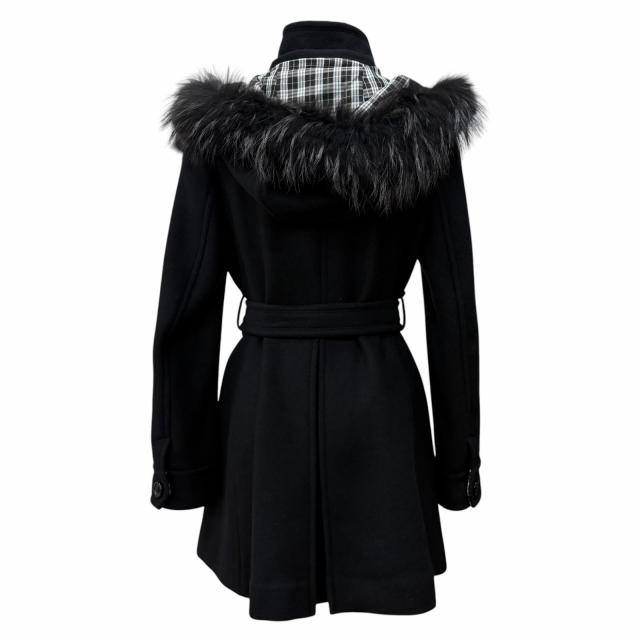 極美品★BURBERRY BLUE LABEL バーバリーブルーレーベル アンゴラ混 ラクーンファー・フード付 裏地チェック柄 コート 黒 40 正規品_2