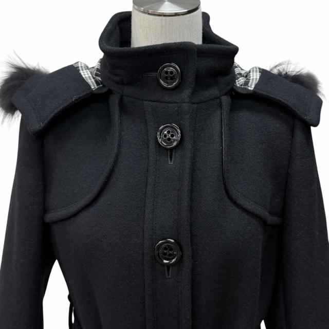 極美品★BURBERRY BLUE LABEL バーバリーブルーレーベル アンゴラ混 ラクーンファー・フード付 裏地チェック柄 コート 黒 40 正規品_3