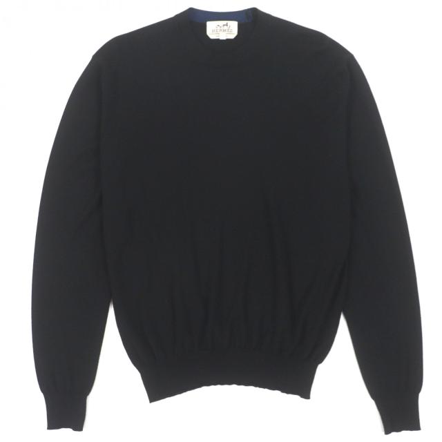 極美品▼HERMES エルメス ウール100% クルーネック ロングスリーブ プルオーバー ハイゲージニット セーター ブラック XS 正規品 メンズ